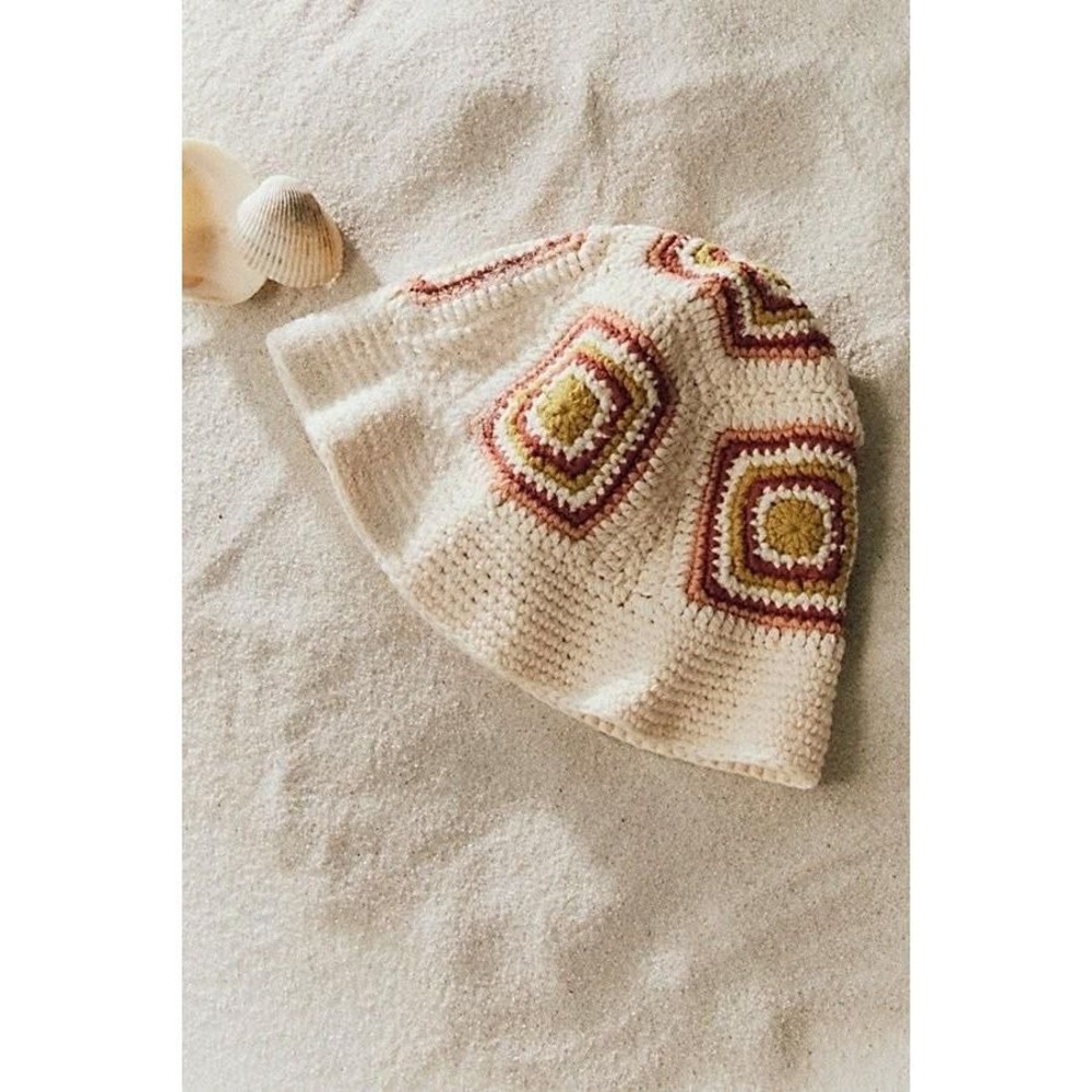 Free People Sofie Crochet Bucket Hat Ivory Brown Boho Cotton 106821465 NWT